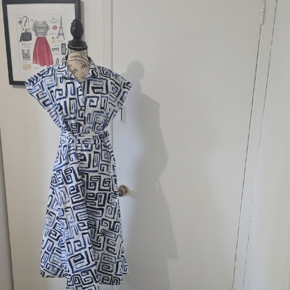 Joseph Ribkoff Blue and White Patterned Shirt Midi Dress